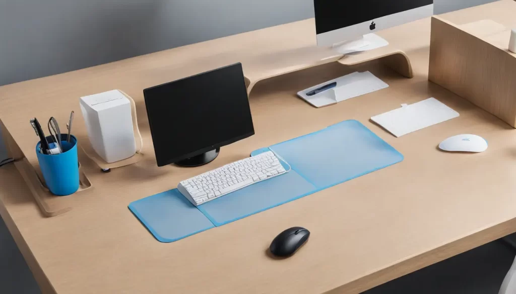 Organized wooden desk with computer, ergonomic accessories, hand sanitizer, antibacterial wipes, and a plant promoting workplace hygiene for health and productivity.