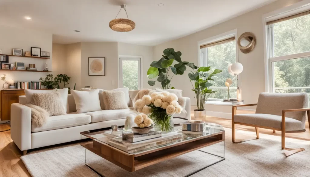 Immaculate Airbnb living room setup with clean furniture and a fresh bouquet, highlighting professional cleaning services for guest satisfaction.